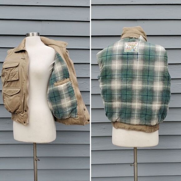 Vintage 90s y2k Campus Tan Outdoors Fall Duck Hunting Fishing Plaid Lined Vest M - Picture 4 of 9